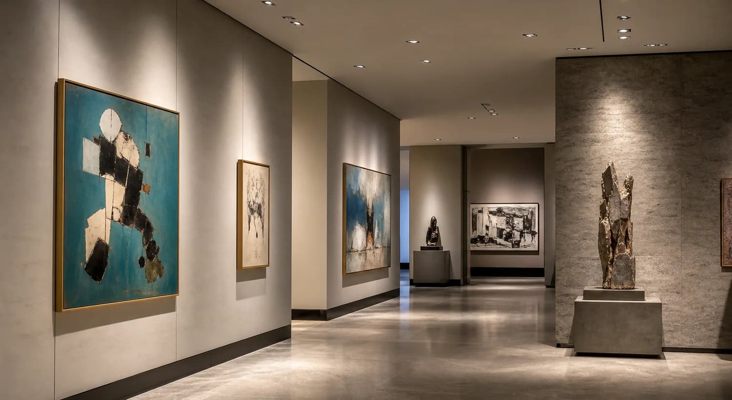 Controlled downlight beams illuminating artwork in a gallery
