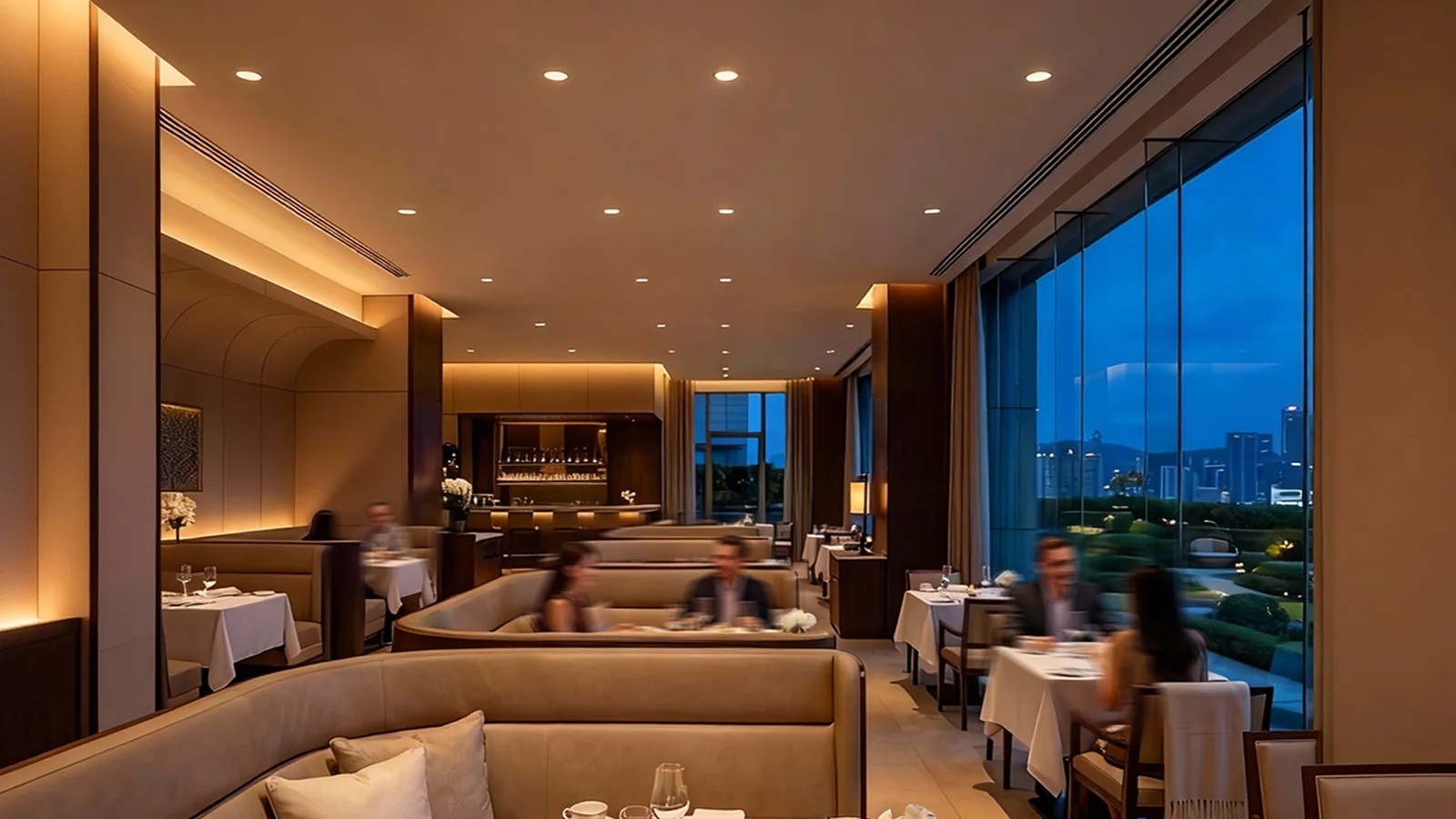 Low-glare recessed downlights creating focused restaurant lighting