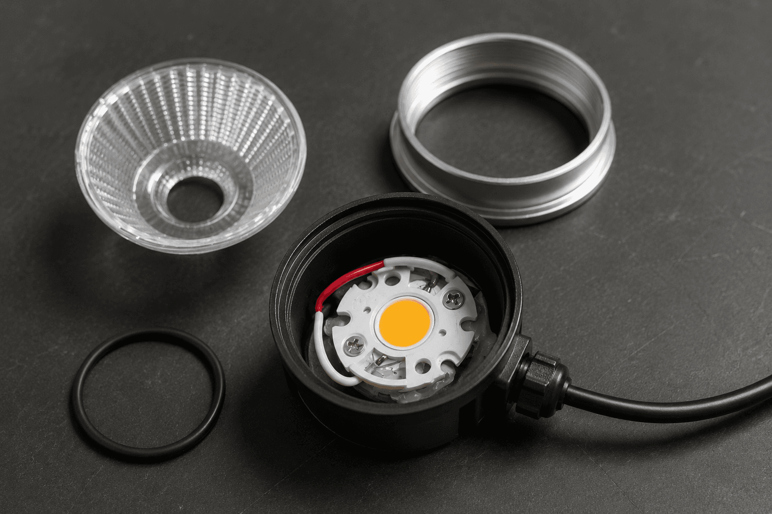 Disassembled LED luminaire showing O-ring, housing joint and protected cable entry