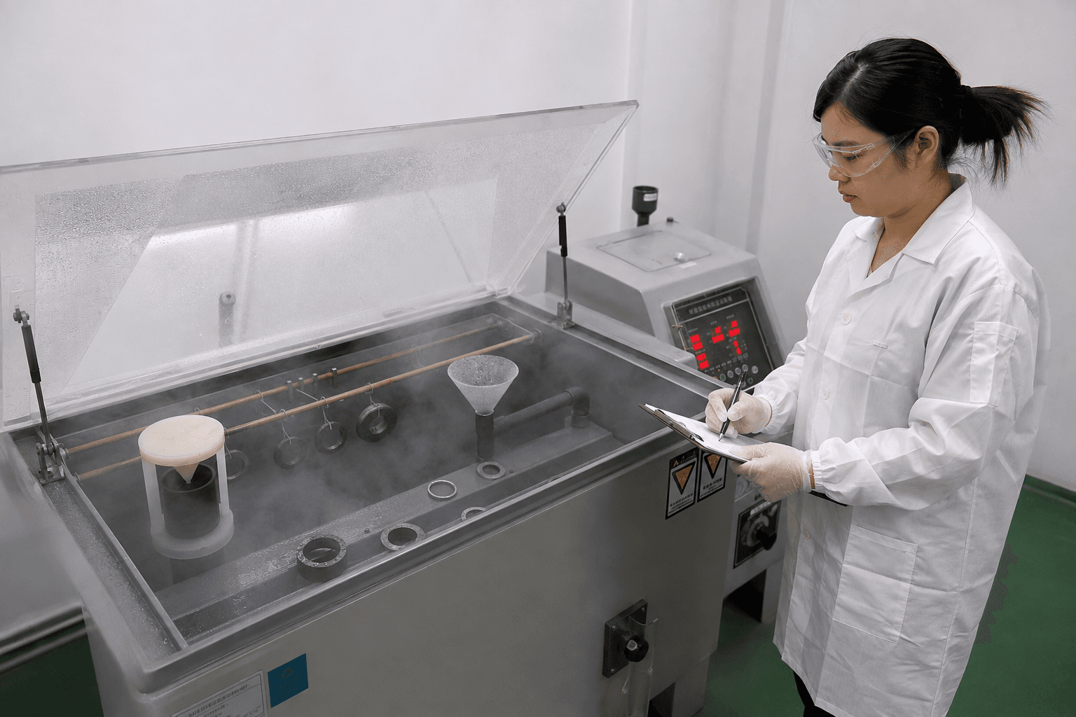 Technician documenting luminaire components during corrosion validation