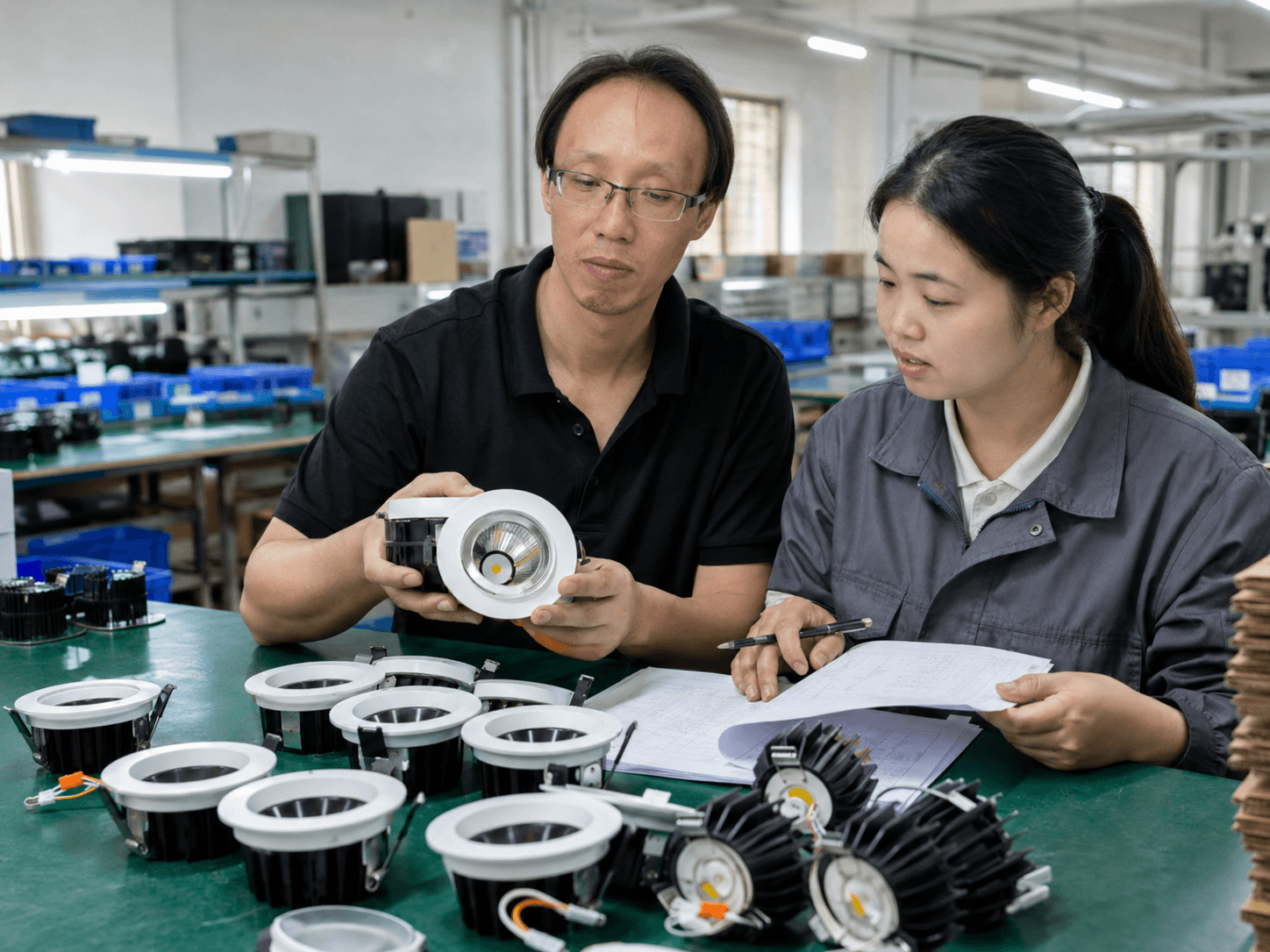 Engineering team reviewing a custom downlight sample and project reference information