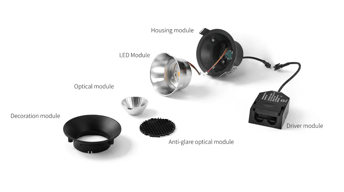 ANOVA modular lighting components arranged for disassembly