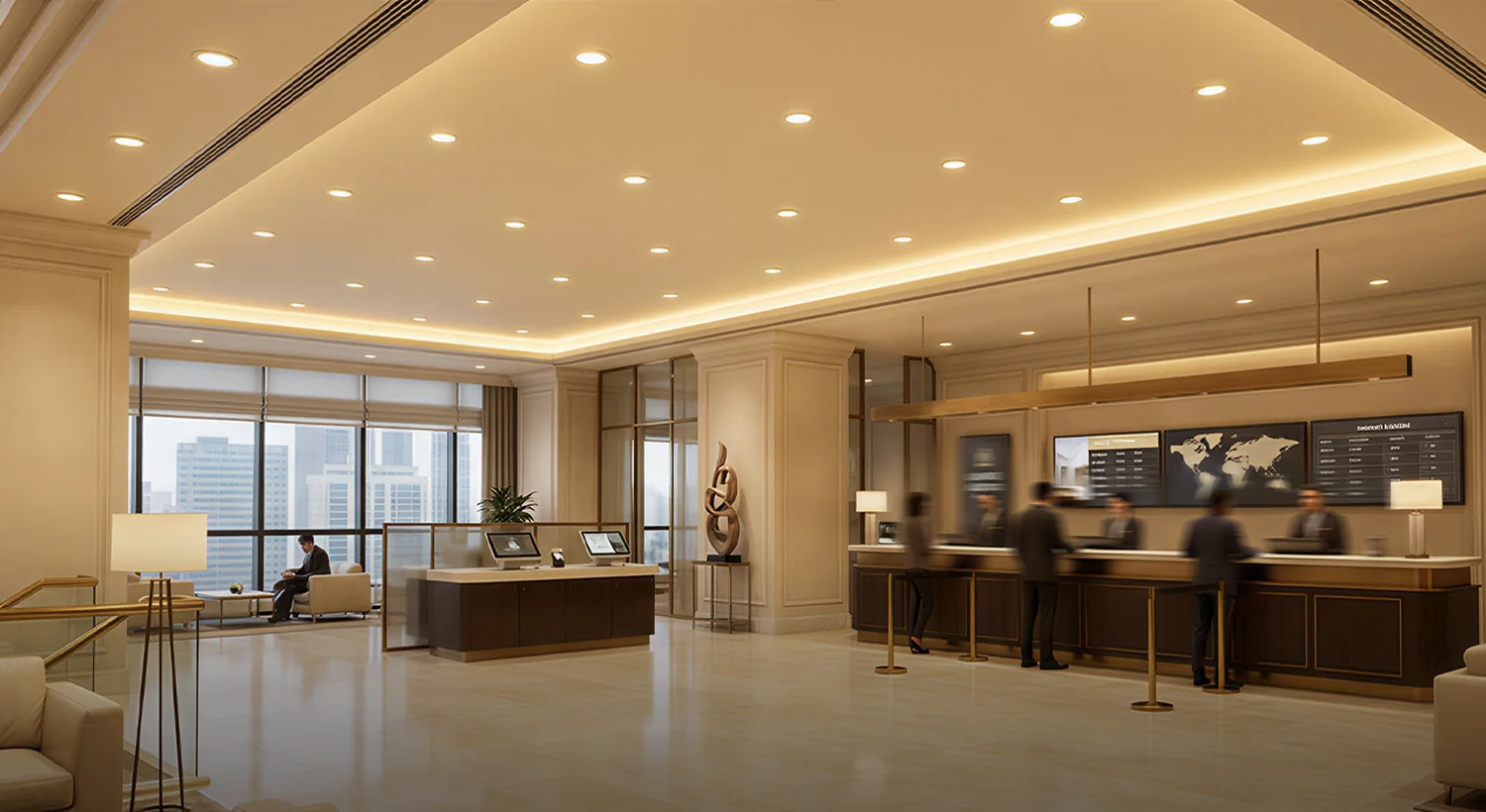 Warm modular downlight application in a hospitality lounge