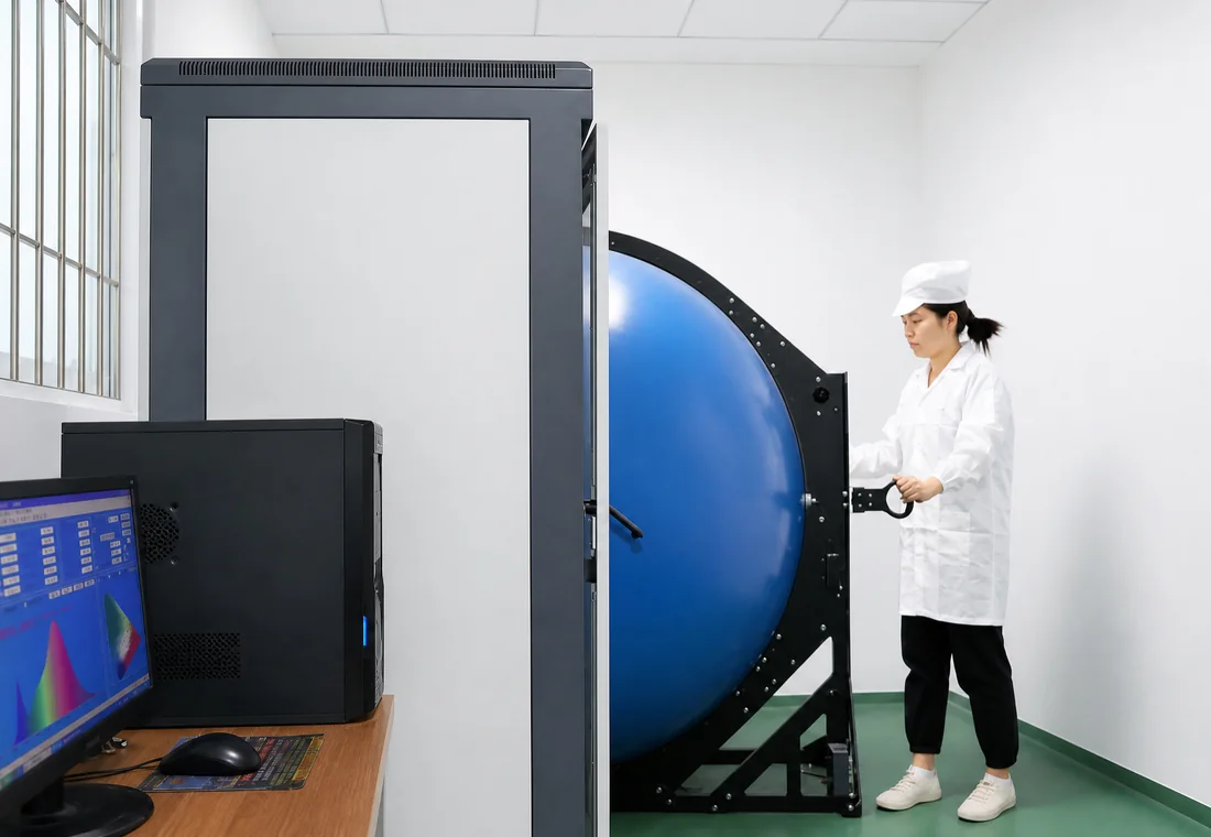 Technician operating an integrating sphere for LED optical testing