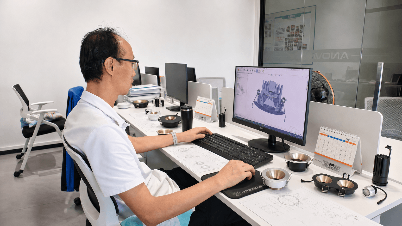 Lighting engineer comparing housing, optical and electrical options for an ODM fixture