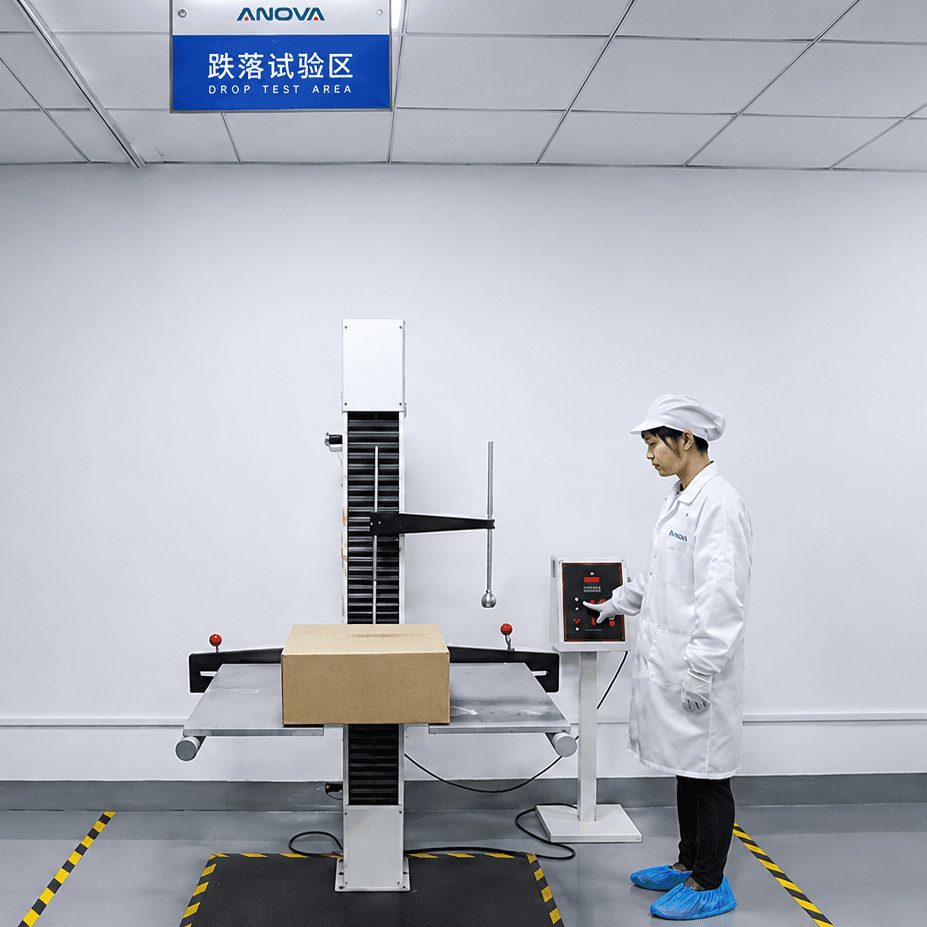 ANOVA quality control personnel conducting a product drop test