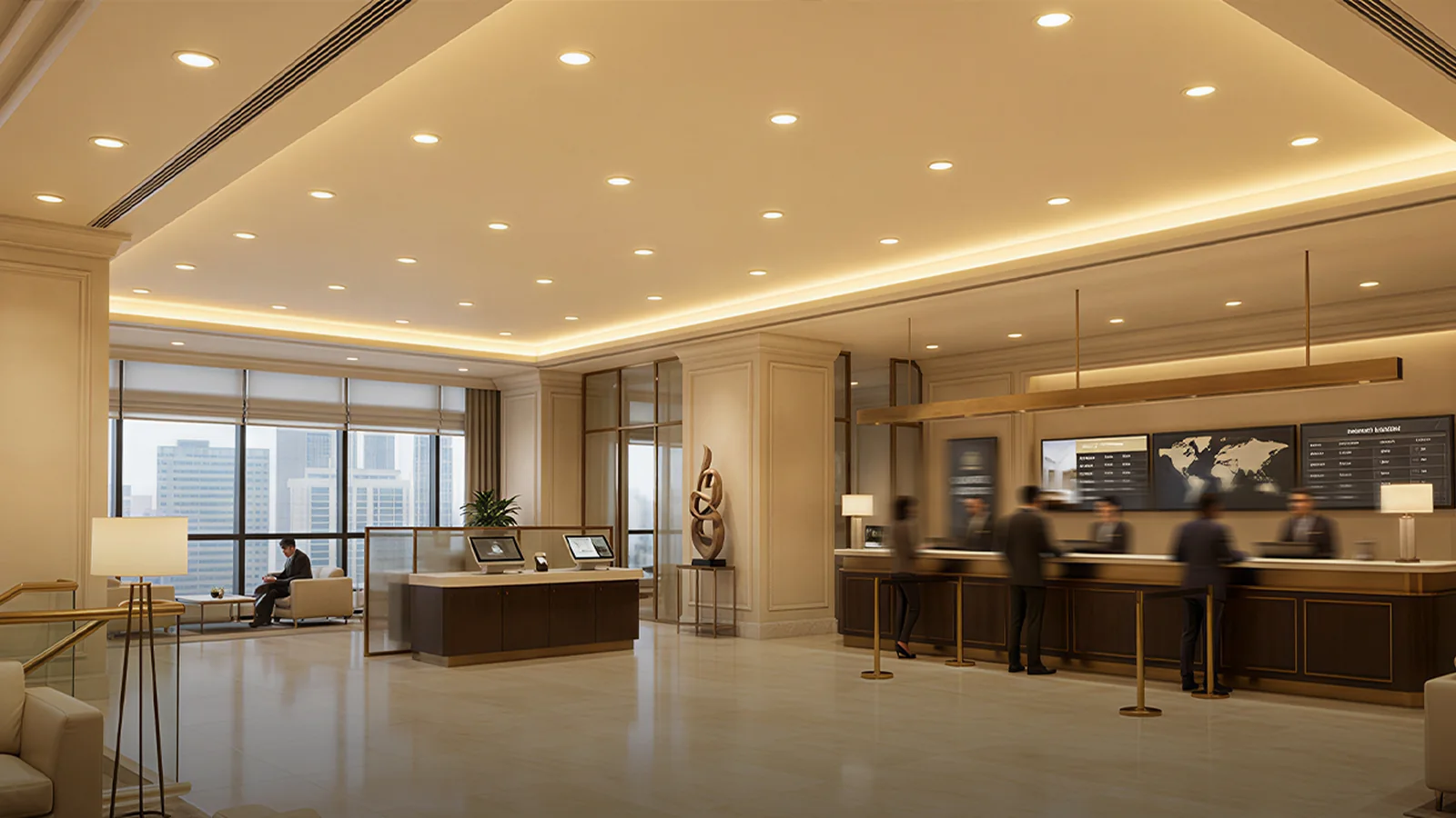 Warm recessed lighting in a contemporary hotel public area
