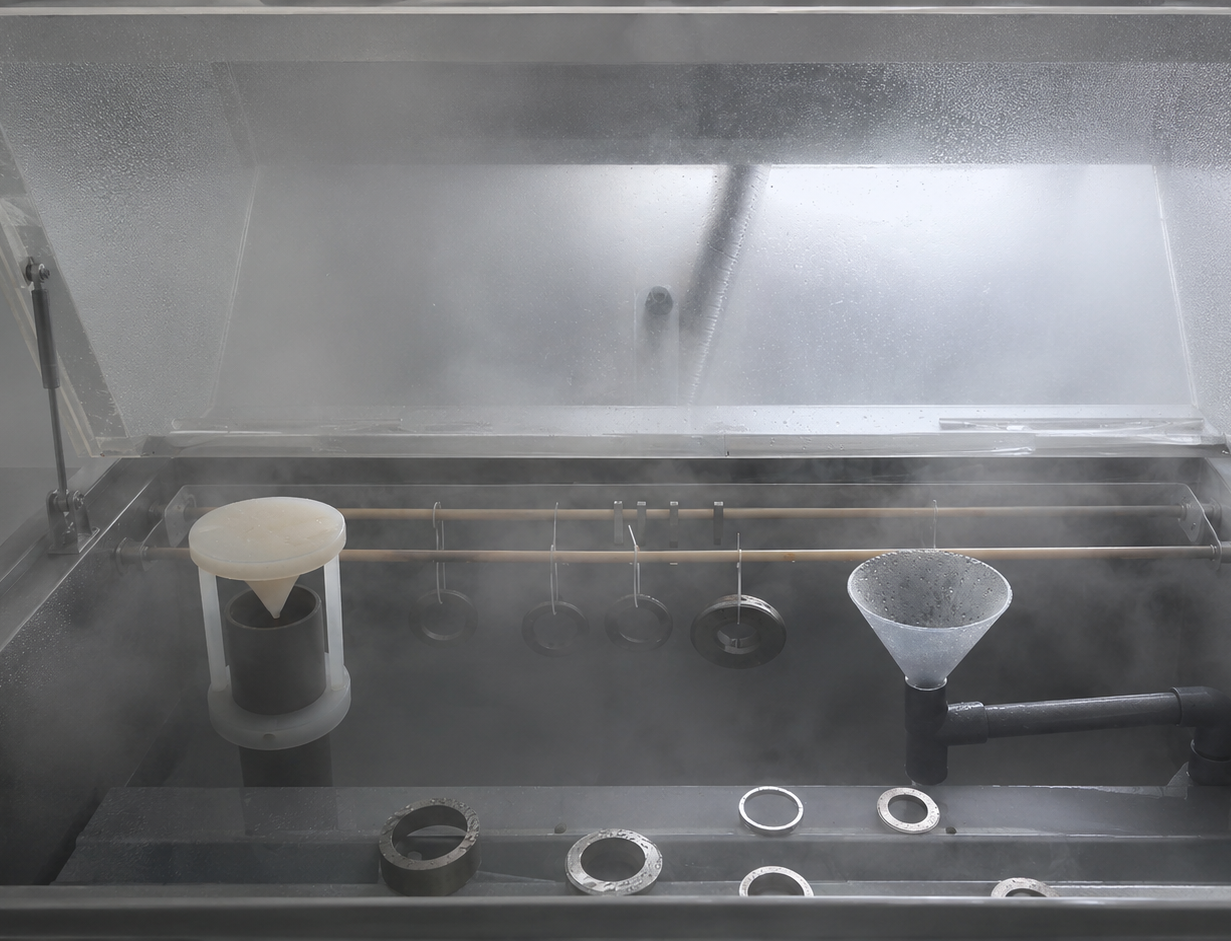 Lighting component undergoing a salt spray test